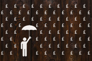 Illustration of a stick man holding an umbrella against pound symbols. 
