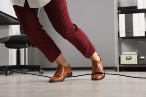 A woman trips over a cable in the office.