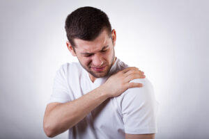 A man has a shoulder injury.