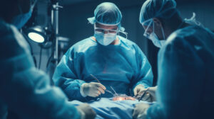 Surgeons removing blood clot from a stroke patients brain.