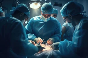 A surgical team in blue scrubs surrounding a patient in an operating theatre